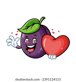 caricatura vectorial, personaje y mascota de una ciruela que sostiene el corazón enamorado.