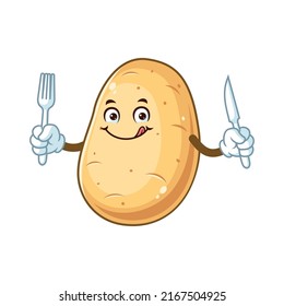 vector cartoon, character, and mascot of a potato holding fork and knife.