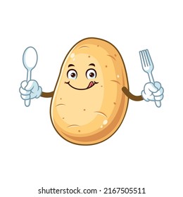 vector cartoon, character, and mascot of a potato holding spoon and fork.