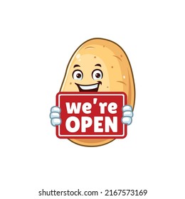 vector cartoon, character, and mascot of a potato holding OPEN sign board.