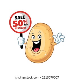 vector cartoon, character, and mascot of a potato holding discount signboard.