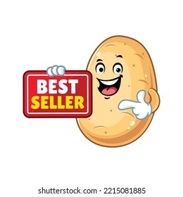 vector cartoon, character, and mascot of a potato holding best seller signboard.
