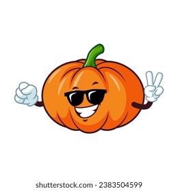vector cartoon, character, and mascot of a pumpkins wearing black eyeglasses.