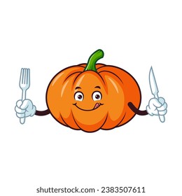 vector cartoon, character, and mascot of a pumpkins holding fork and knife.