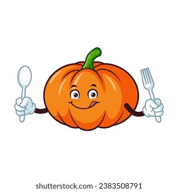 vector cartoon, character, and mascot of a pumpkins holding spoon and fork.