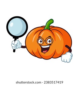 vector cartoon, character, and mascot of a pumpkins holding loupe.