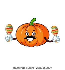 vector cartoon, character, and mascot of a pumpkins holding maracas.