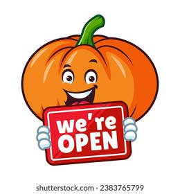 vector cartoon, character, and mascot of a pumpkins holding open signboard.