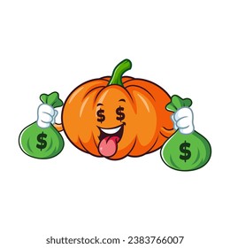 caricatura vectorial, personaje y mascota de una calabaza sosteniendo bolsa de dinero.