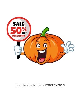 vector cartoon, character, and mascot of a pumpkins holding discount signboard.