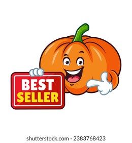 vector cartoon, character, and mascot of a pumpkins holding best seller signboard.