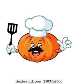 vector cartoon, character, and mascot of a pumpkins holding spatula.