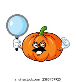 vector cartoon, character, and mascot of a pumpkins holding loupe.