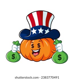 vector cartoon, character, and mascot of a pumpkins uncle sam holding money bag.