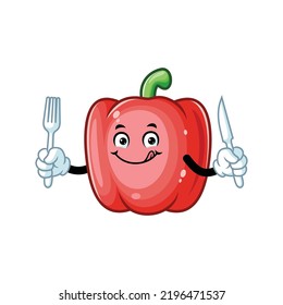 vector cartoon, character, and mascot of a red paprika holding fork and knife.