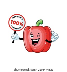 vector cartoon, character, and mascot of a red paprika holding GUARANTEED signboard.