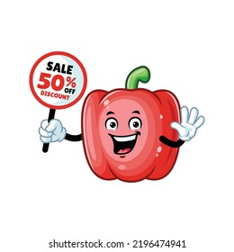 vector cartoon, character, and mascot of a red paprika holding DISCOUNT signboard.
