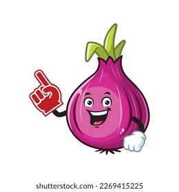 vector cartoon, character, and mascot of a red onion wearing finger foam.