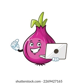 vector cartoon, character, and mascot of a red onion holding laptop.