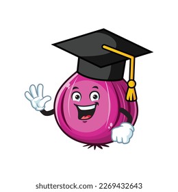 vector cartoon, character, and mascot of a red onion wearing graduation hat.