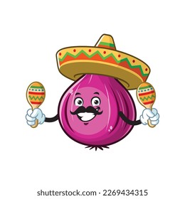 vector cartoon, character, and mascot of a red onion wearing sombrero hat and holding maracas.