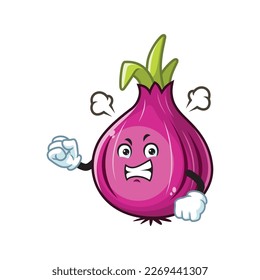 vector cartoon, character, and mascot of a red onion with angry expression face.