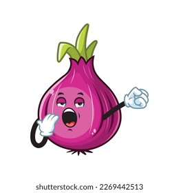 dibujos animados vectoriales, personajes y mascota de una cebolla roja con cara de expresión bostezante.