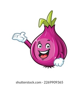 vector cartoon, character, and mascot of a red onion with welcome pose.