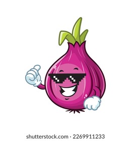 vector cartoon, character, and mascot of a red onion with thug life style.