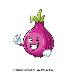 vector cartoon, character, and mascot of a red onion with thumbs up hand.