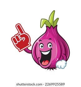 vector cartoon, character, and mascot of a red onion wearing finger foam.