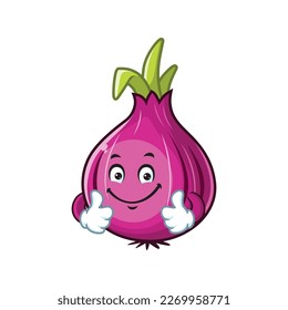 vector cartoon, character, and mascot of a red onion with double thumbs up hand.