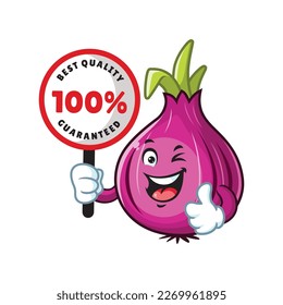 vector cartoon, character, and mascot of a red onion holding guaranteed signboard.