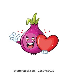 vector cartoon, character, and mascot of a red onion holding heart in love.