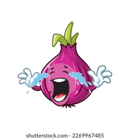 caricatura vectorial, personaje y mascota de una cebolla roja con cara de expresión de grito.