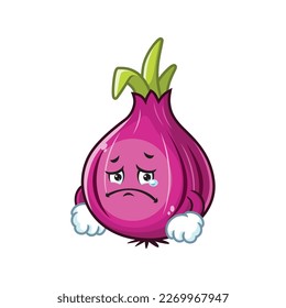 vector cartoon, character, and mascot of a red onion with sad expression face.