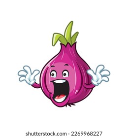 vector cartoon, character, and mascot of a red onion with surprized expression face.
