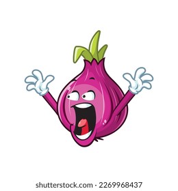 vector cartoon, character, and mascot of a red onion with shocked expression face.