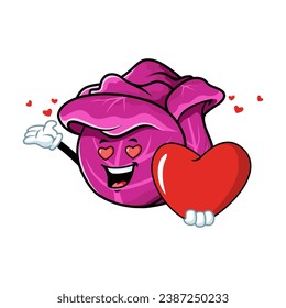 caricatura vectorial, personaje y mascota de una col roja que sostiene el corazón enamorado.