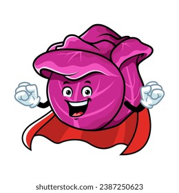 vector cartoon, character, and mascot of a red cabbage superhero.