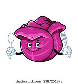 vector cartoon, character, and mascot of a red cabbage holding spoon and fork.