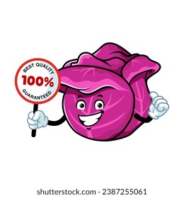 vector cartoon, character, and mascot of a red cabbage holding guaranteed signboard.