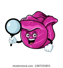 vector cartoon, character, and mascot of a red cabbage holding loupe.