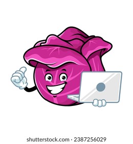 vector cartoon, character, and mascot of a red cabbage holding laptop.