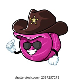 caricatura vectorial, personaje y mascota de una col roja con sombrero sheriff.
