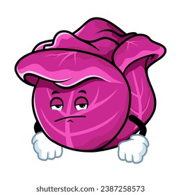 vector cartoon, character, and mascot of a red cabbage with bored expression face.