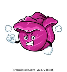 dibujos animados vectoriales, personajes y mascota de una col roja con cara de expresión furiosa.