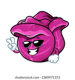 vector cartoon, character, and mascot of a red cabbage wearing black eyeglasses.