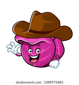 vector cartoon, character, and mascot of a red cabbage wearing cowboy hat.