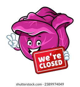 vector cartoon, character, and mascot of a red cabbage holding closed signboard.